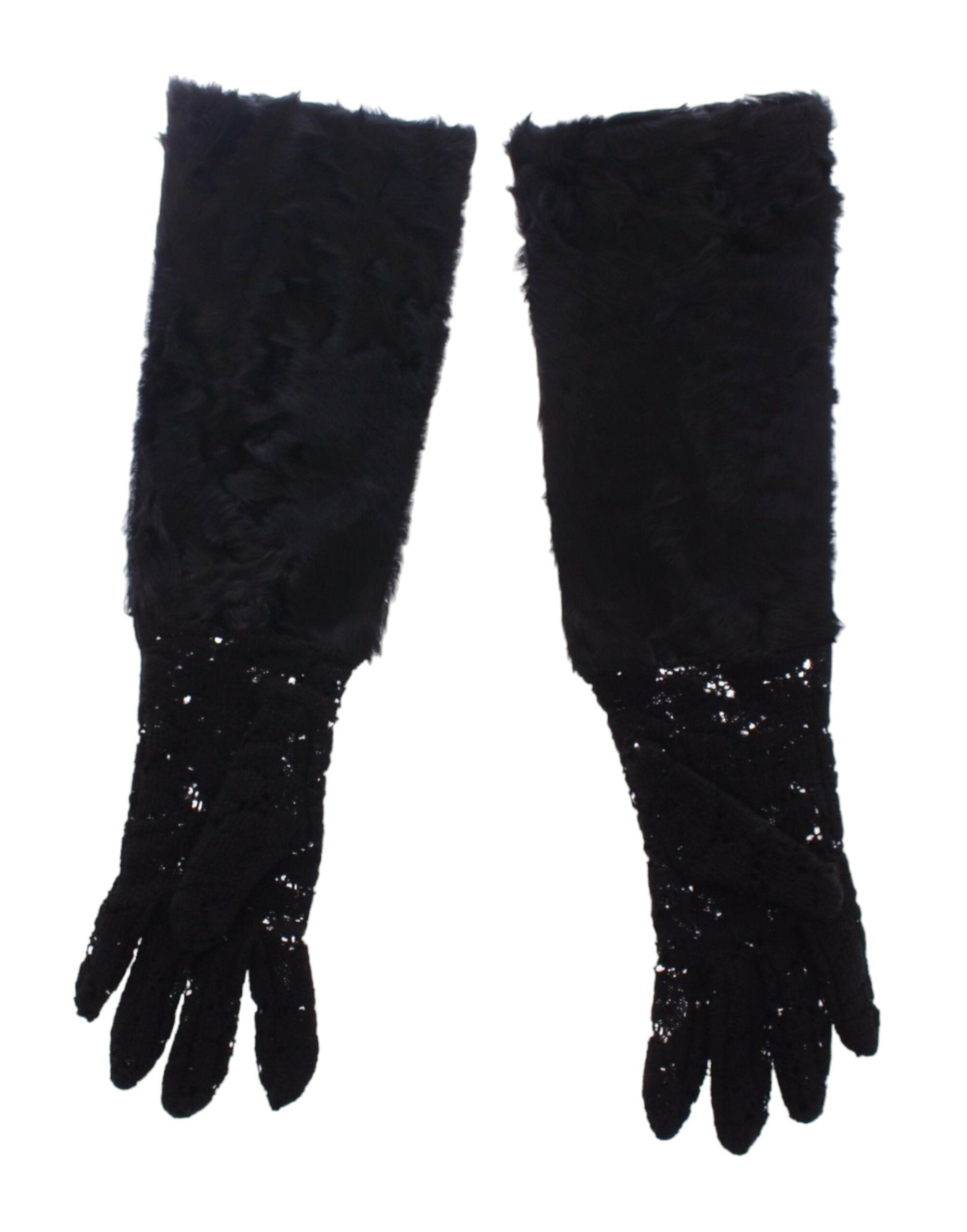 Dolce &amp; Gabbana Black Lace Wool Lambskin Fur Elbow Gloves