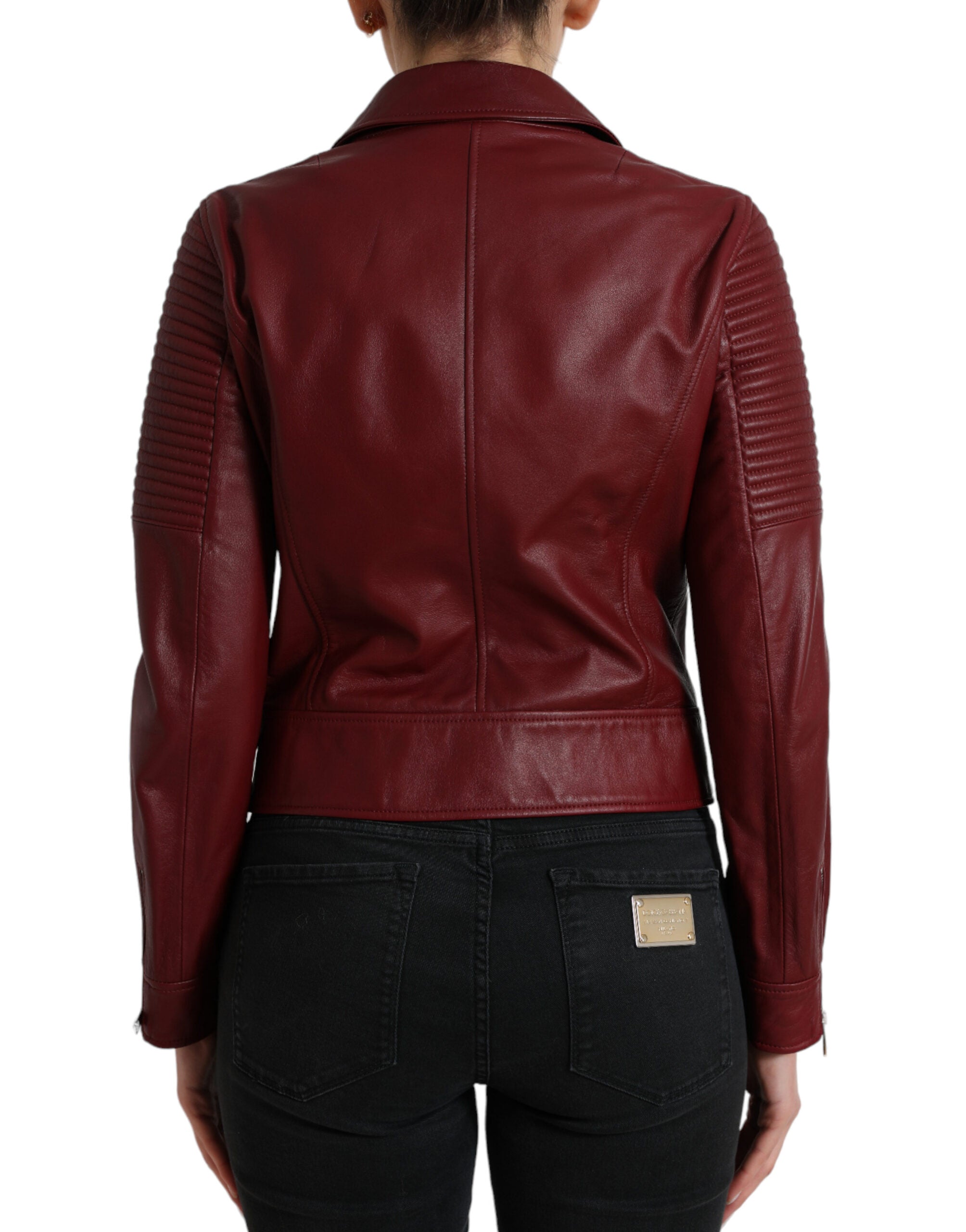 Dolce & Gabbana Bordeaux Leder Bikermantel Lammfelljacke
