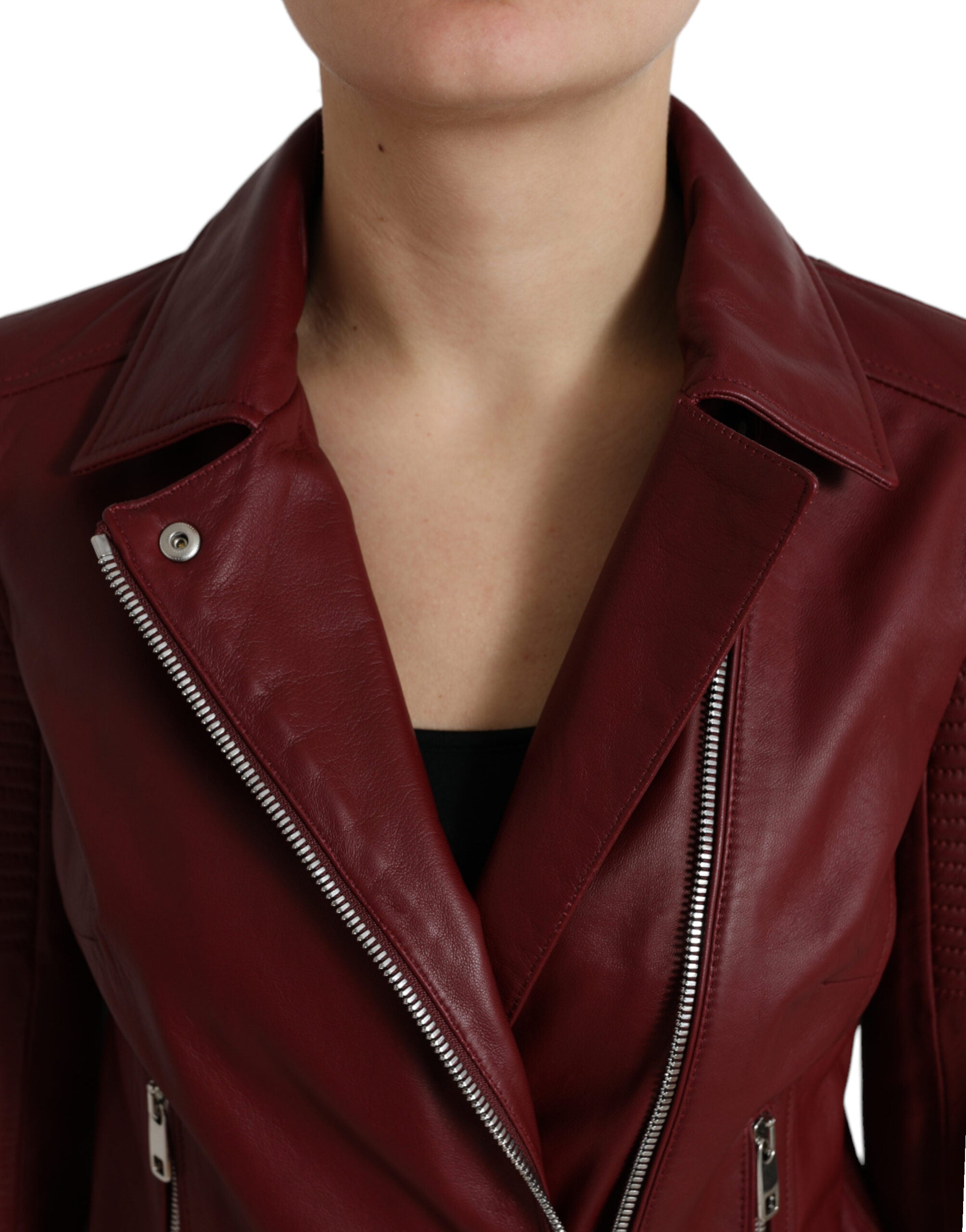 Dolce & Gabbana Bordeaux Leder Bikermantel Lammfelljacke