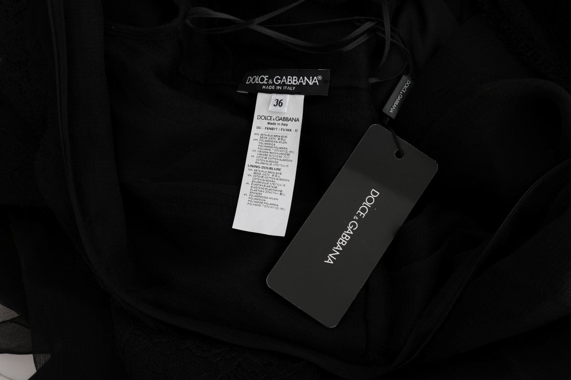 Dolce &amp; Gabbana Siyah çiçekli dantel ipek elbise