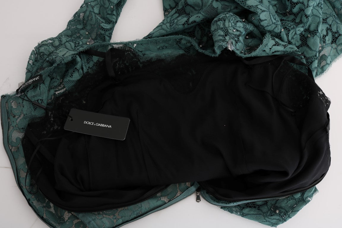 Dolce &amp; Gabbana Yeşil Çiçekli Kristal Ricamo Kılıf Elbise
