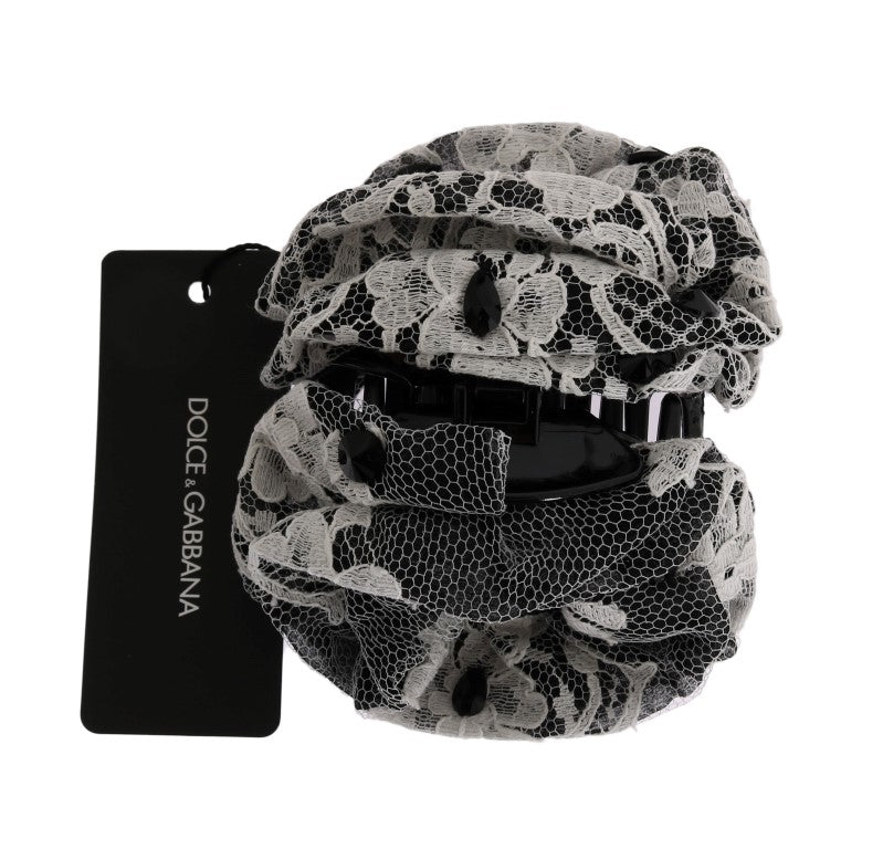 Dolce & Gabbana Schwarz Weiß Floral Spitze Kristall Haarspange