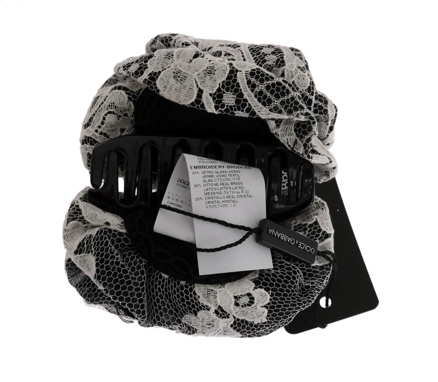 Dolce & Gabbana Schwarz Weiß Floral Spitze Kristall Haarspange