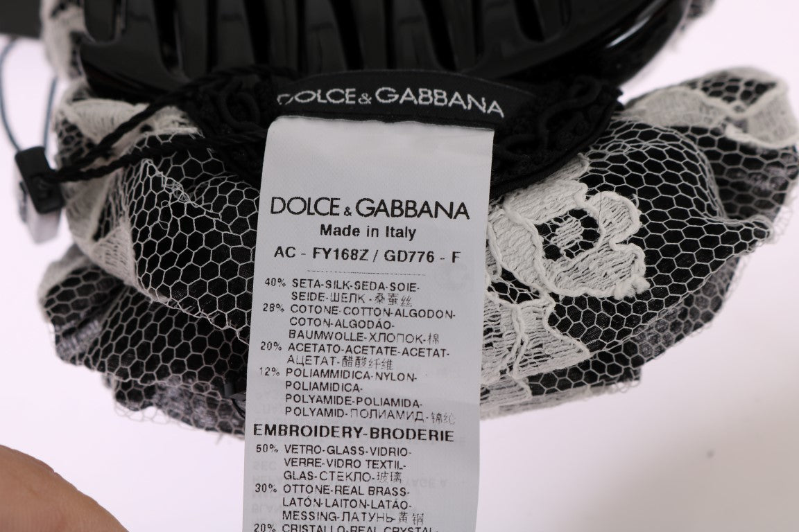 Dolce & Gabbana Schwarz Weiß Floral Spitze Kristall Haarspange