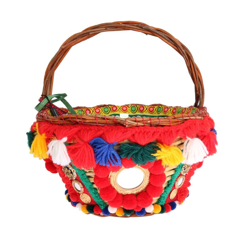 Dolce & Gabbana Multicolor AGNESE Stroh Kristall Pom Pom Tasche
