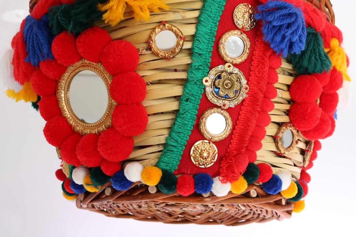 Dolce & Gabbana Multicolor AGNESE Stroh Kristall Pom Pom Tasche