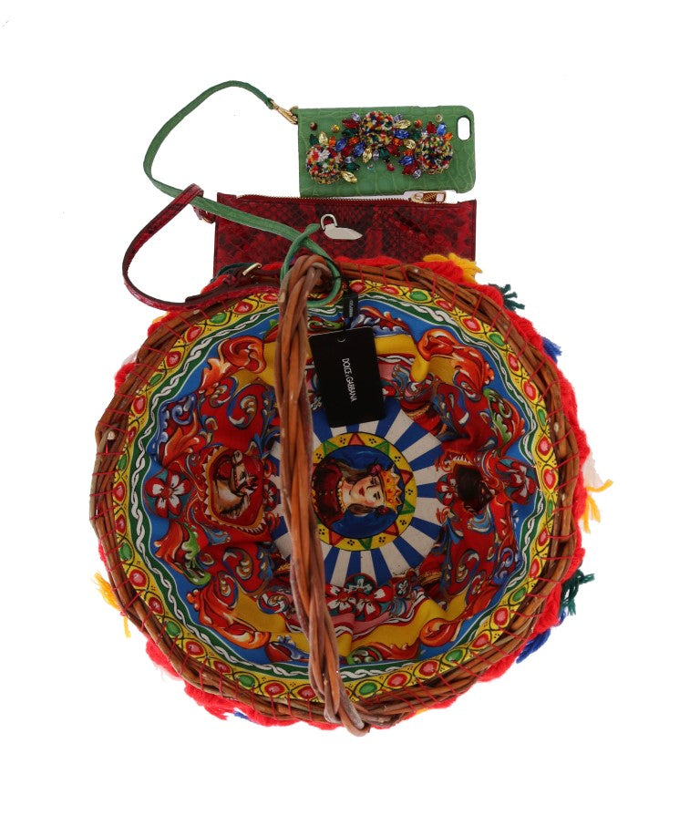 Dolce & Gabbana Multicolor AGNESE Stroh Kristall Pom Pom Tasche