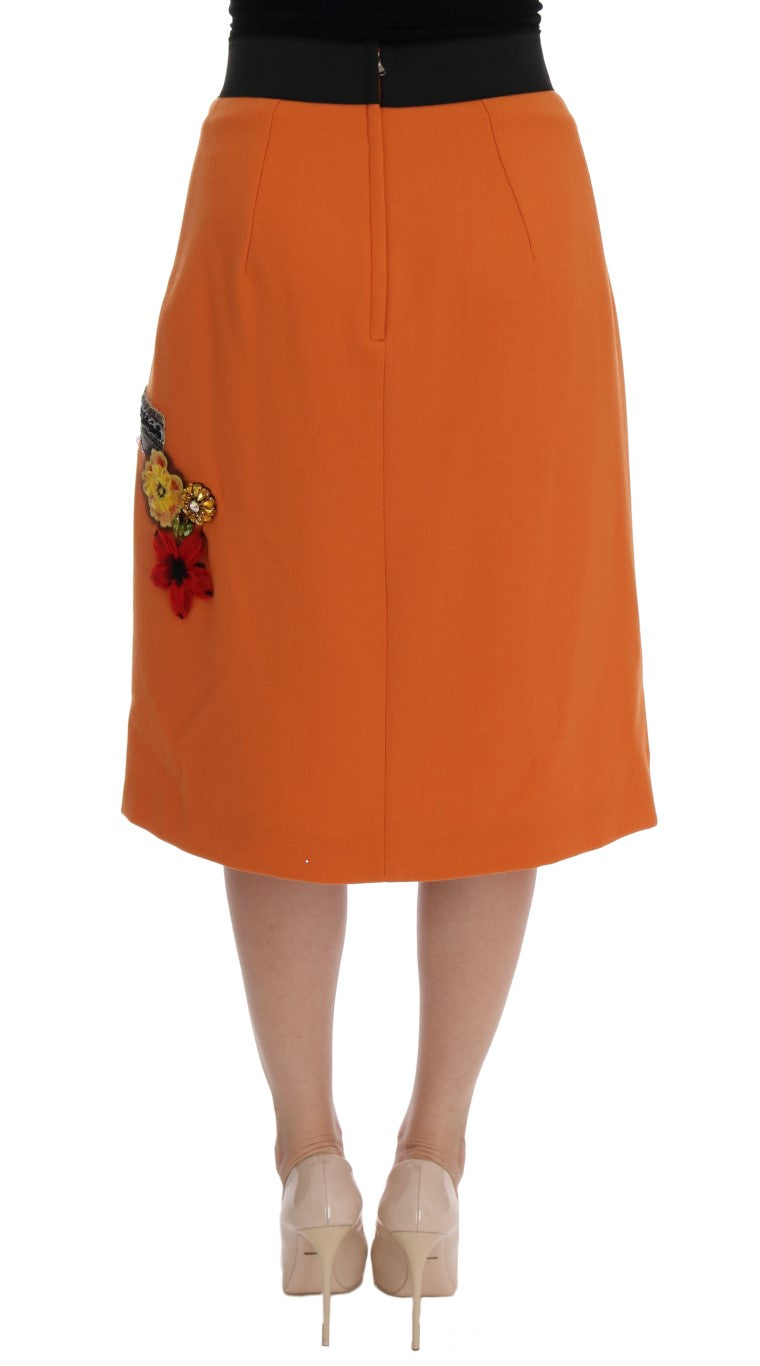 Dolce & Gabbana Orangefarbener Wollrock mit Kristall-Pailletten-Applikationen
