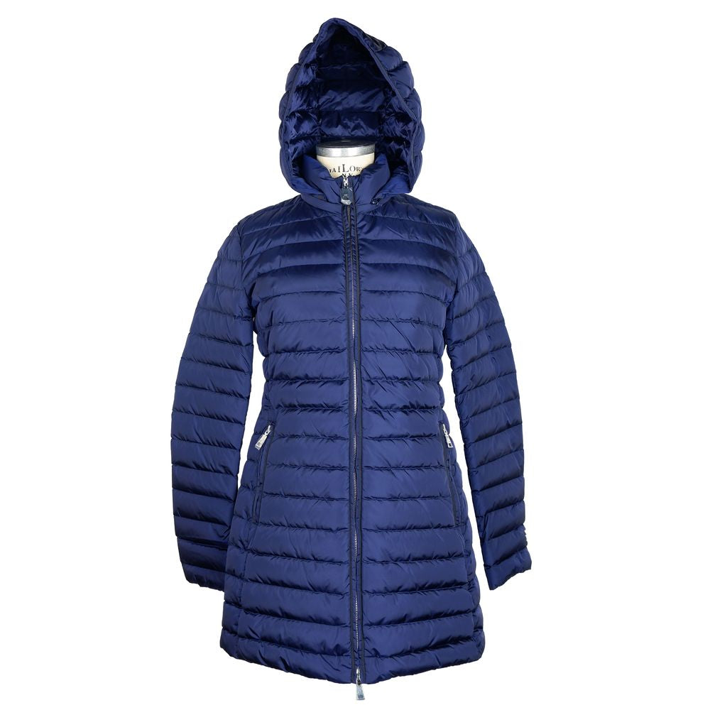 Add Elegant blue down puffer jacket with hood