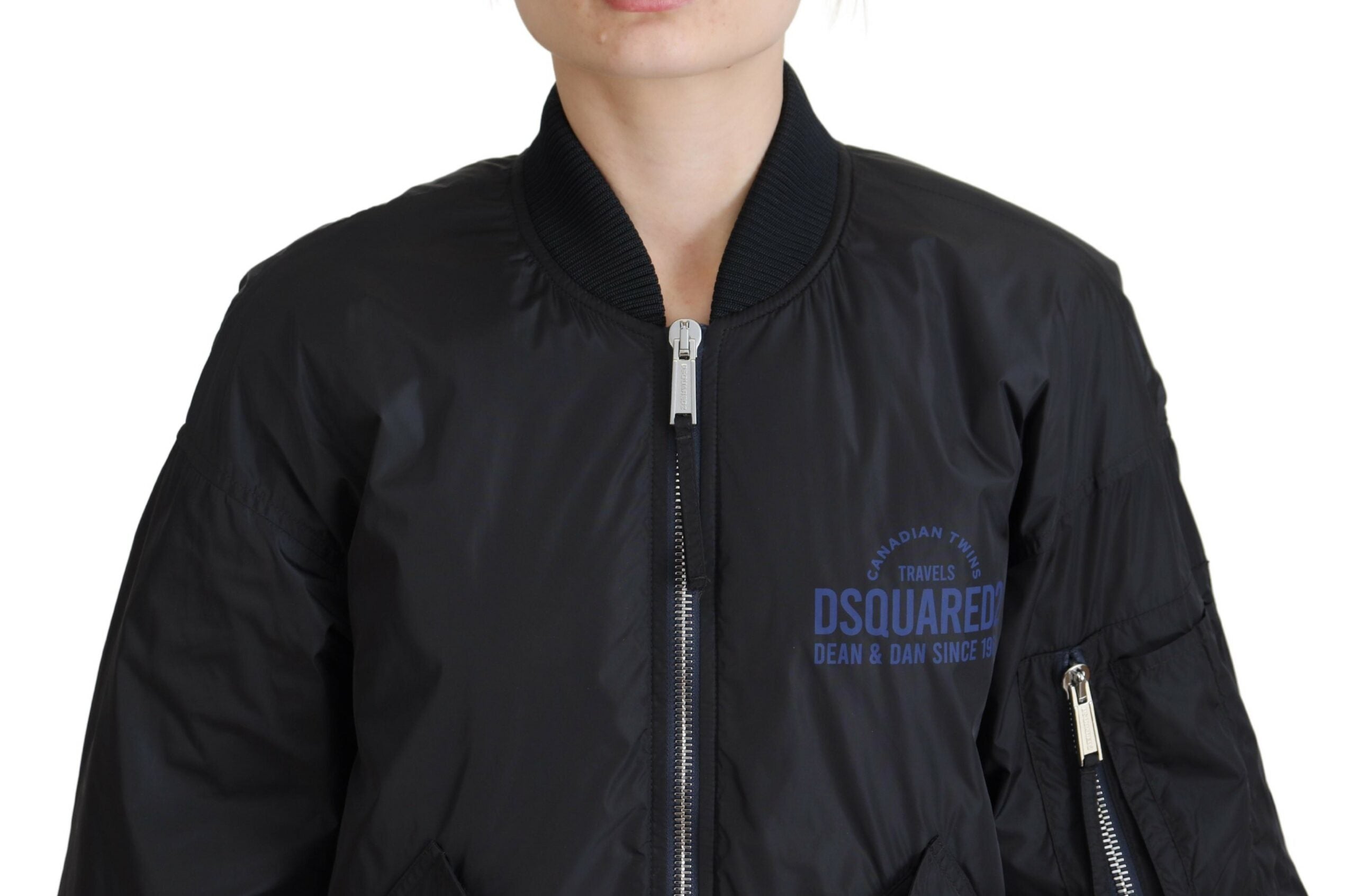 Kadınlar için Dsquared² Siyah logo baskılı tam fermuarlı bomber ceket