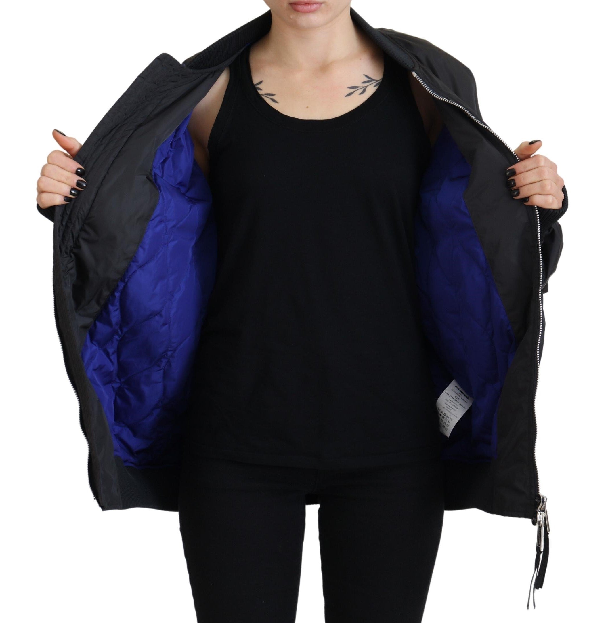 Kadınlar için Dsquared² Siyah logo baskılı tam fermuarlı bomber ceket