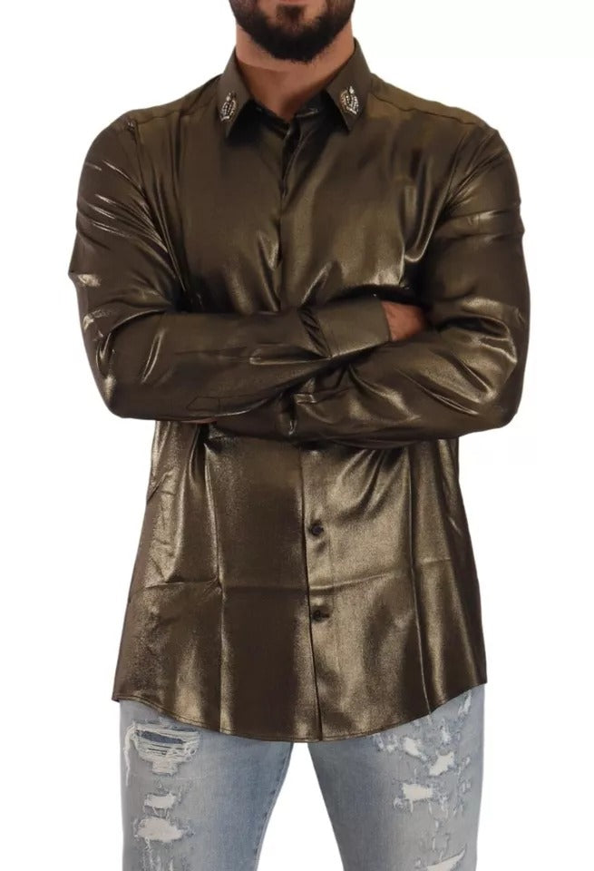 Dolce &amp; Gabbana Metalik Altın DG İşlemeli Taç İpek Üst Gömlek