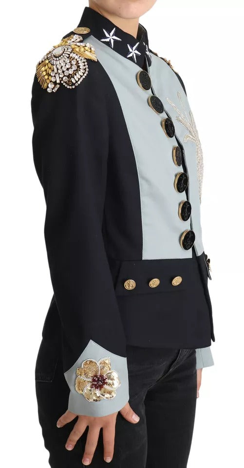 Düğmeli ve kristal süslemeli Dolce &amp; Gabbana mavi pamuklu ceket