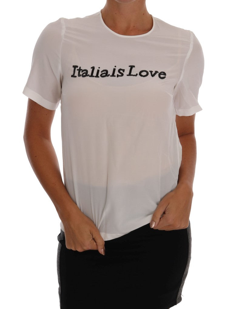 Dolce &amp; Gabbana White Silk T-Shirt ITALIA IS LOVE Blouse