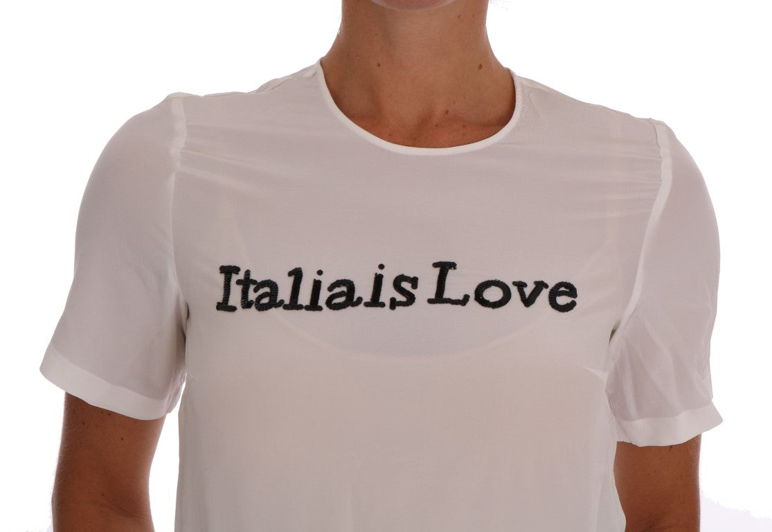 Dolce &amp; Gabbana White Silk T-Shirt ITALIA IS LOVE Blouse
