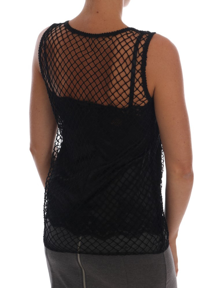Dolce &amp; Gabbana black silk mesh top with floral lace