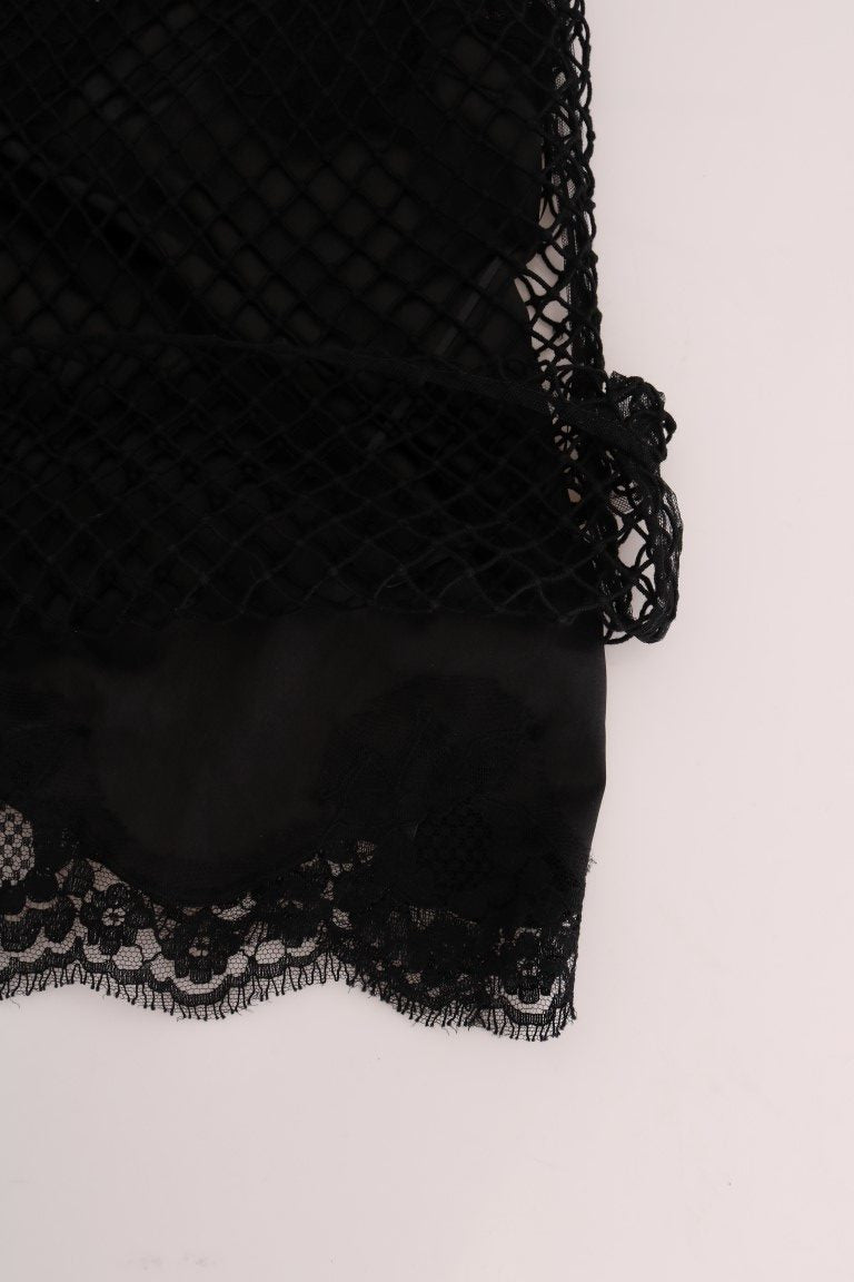 Dolce &amp; Gabbana black silk mesh top with floral lace