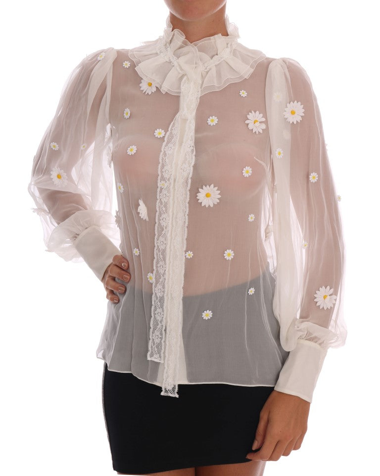 Dolce &amp; Gabbana white silk shirt with daisy appliqués