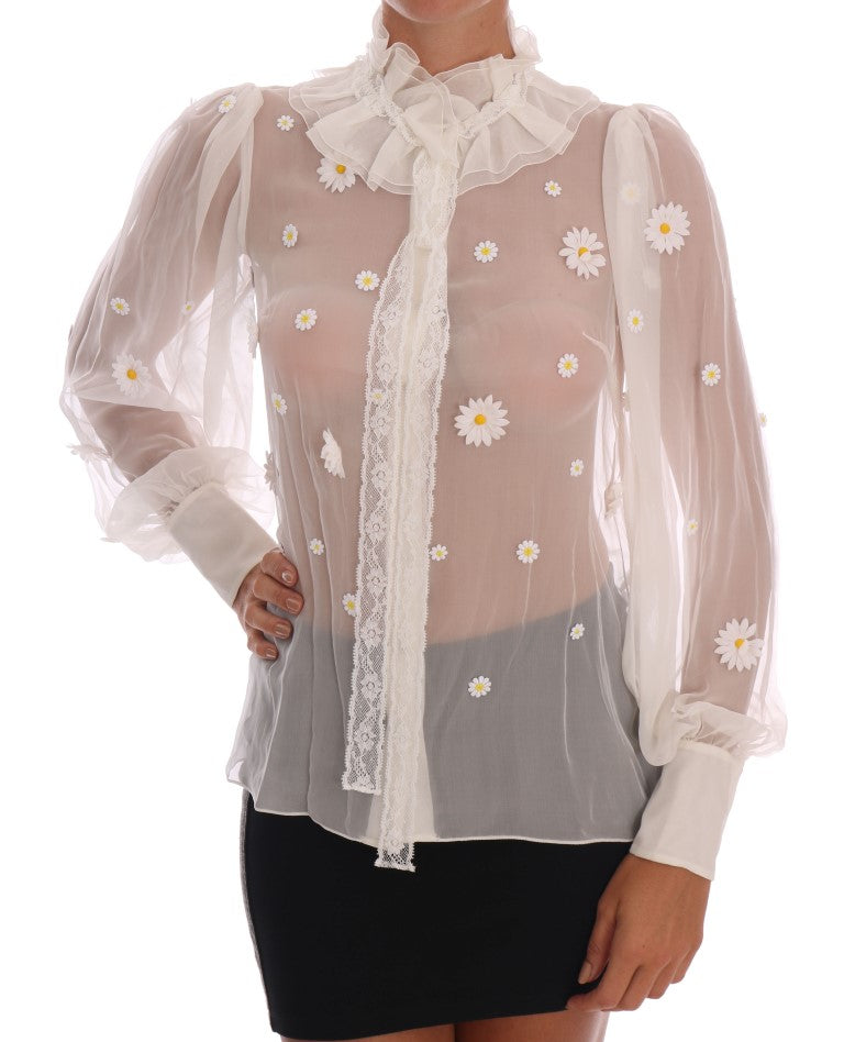 Dolce &amp; Gabbana white silk shirt with daisy appliqués