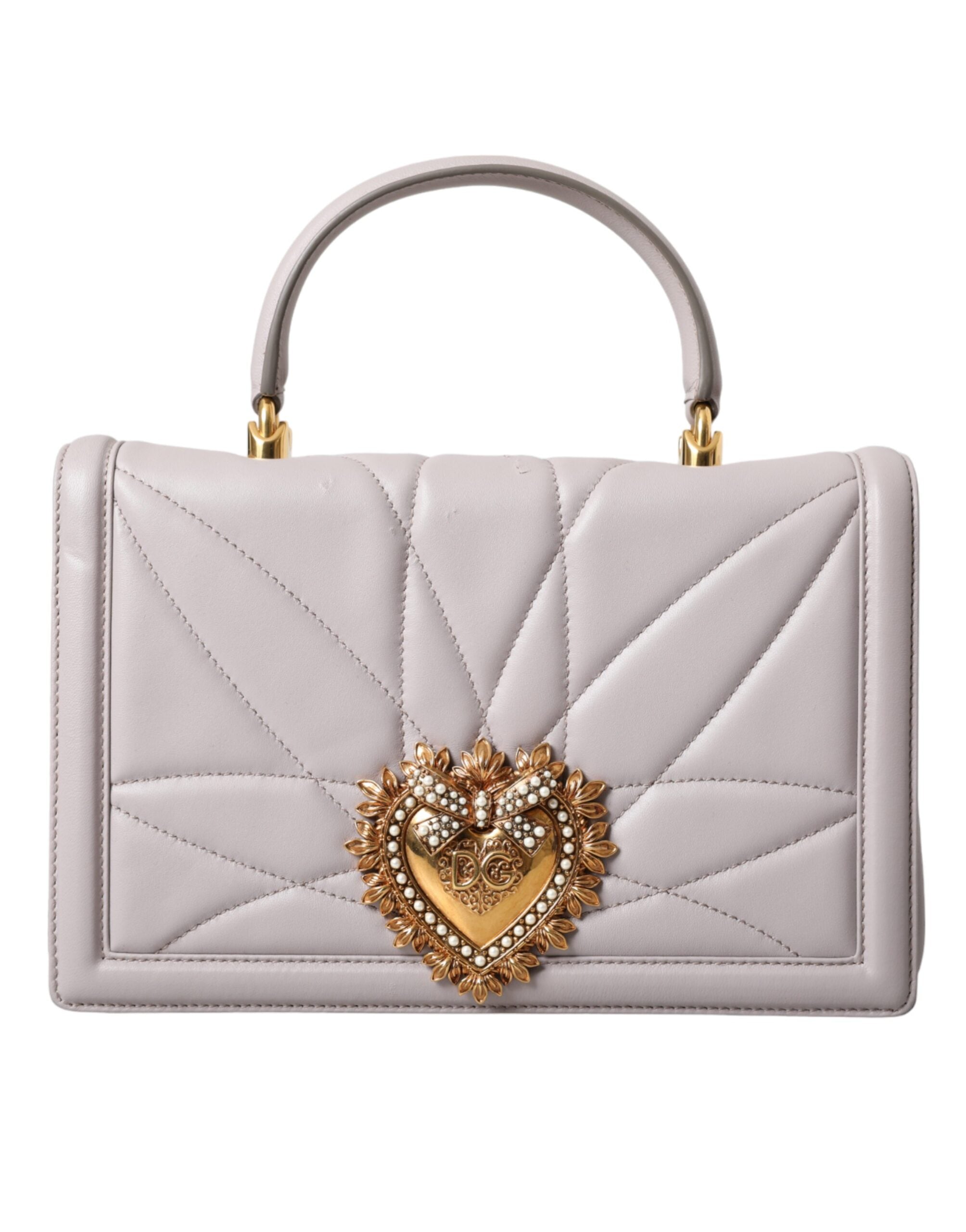 Dolce &amp; Gabbana Light Grey Devotion Gold Heart Leather Shoulder Bag