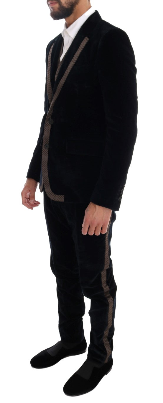 Dolce & Gabbana Blauer Samtanzug mit zwei Knöpfen, schlank, 3-teilig