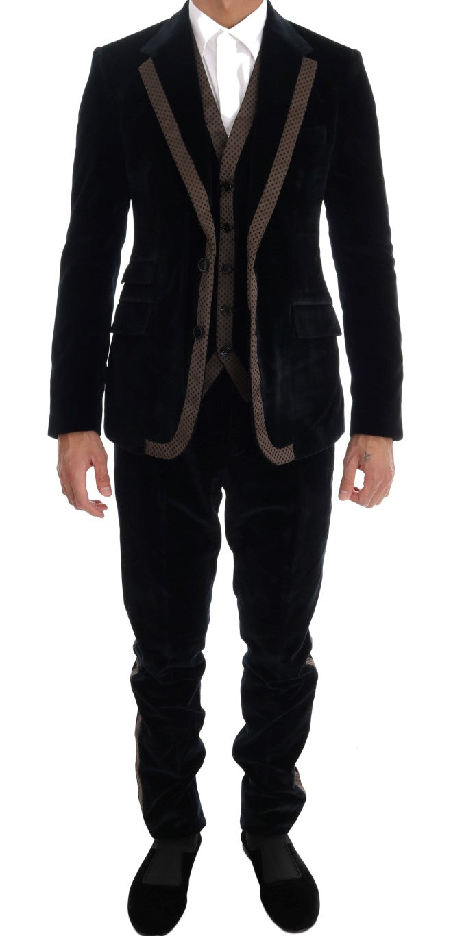 Dolce &amp; Gabbana Blue Velvet Two-Button Slim Fit 3-Piece Suit