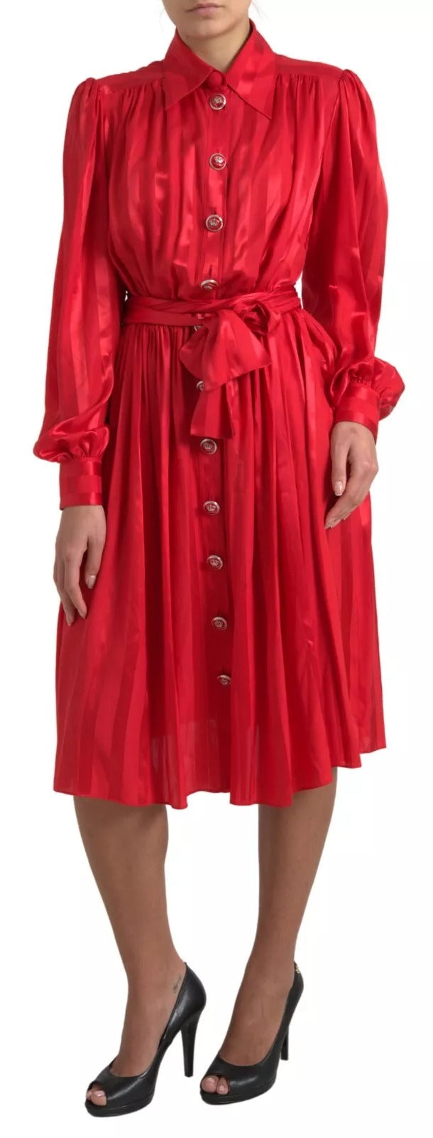 Dolce &amp; Gabbana red midi dress with belt and button placket in satin and silk