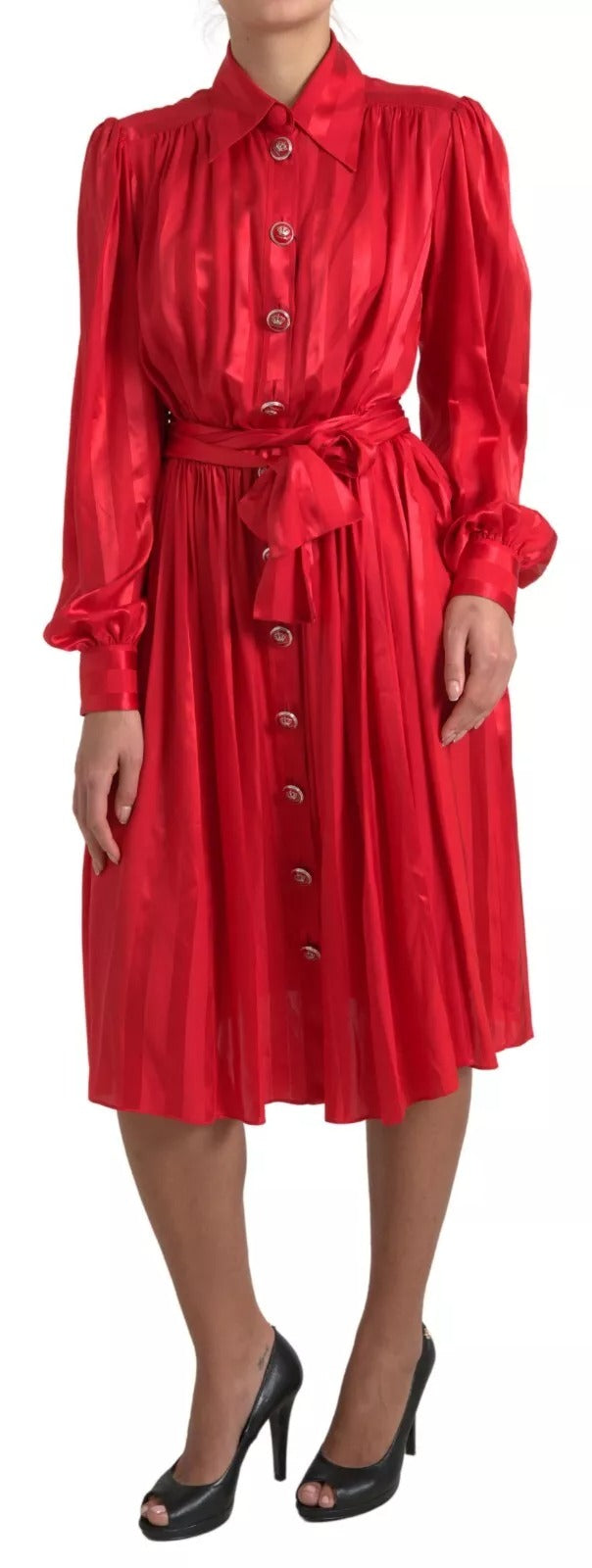 Dolce &amp; Gabbana red midi dress with belt and button placket in satin and silk