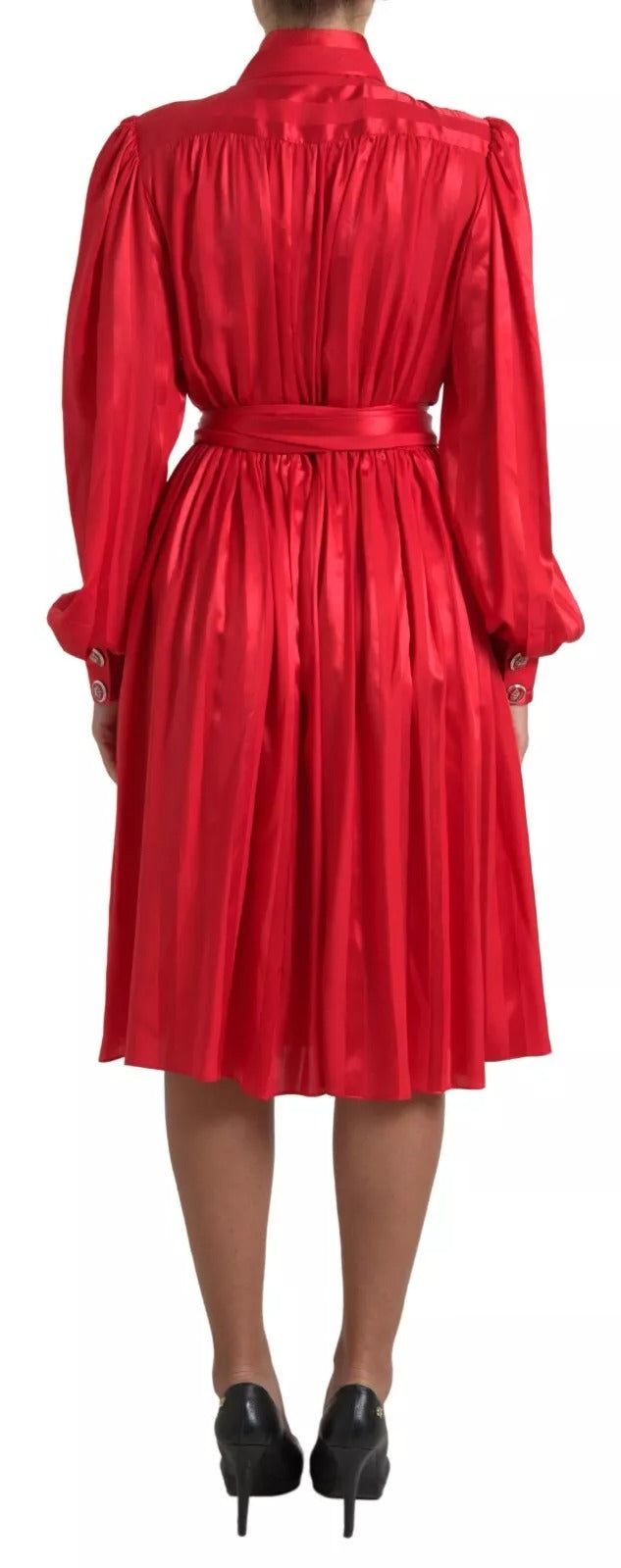 Dolce &amp; Gabbana red midi dress with belt and button placket in satin and silk