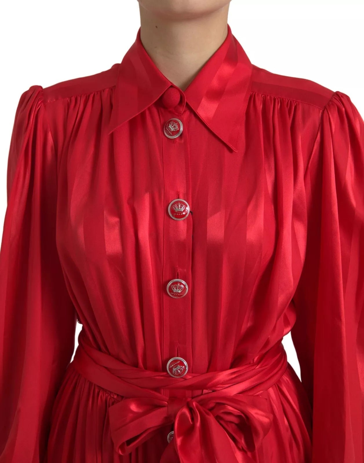 Dolce &amp; Gabbana red midi dress with belt and button placket in satin and silk