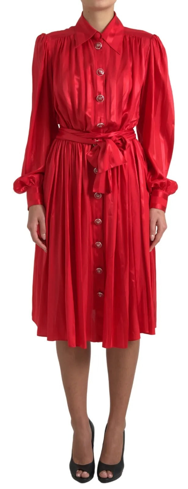 Dolce &amp; Gabbana red midi dress with belt and button placket in satin and silk