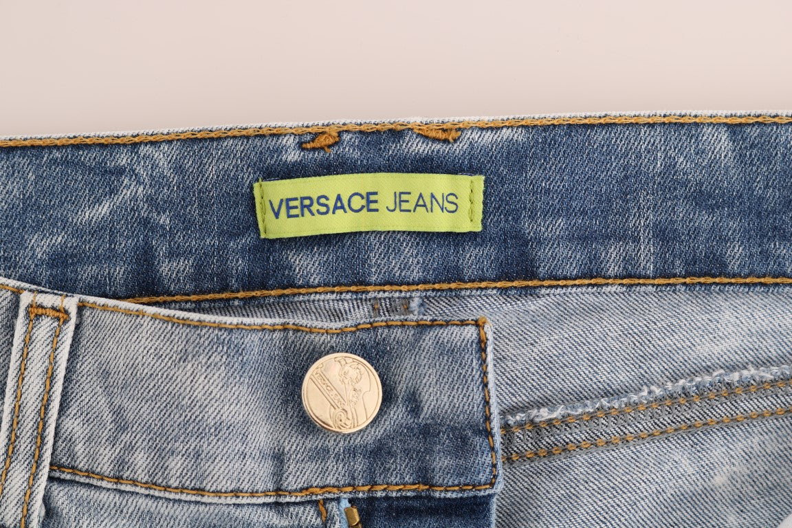 Versace Jeans Blaue Waschung Zerrissene Stretch Slim Fit Jeans
