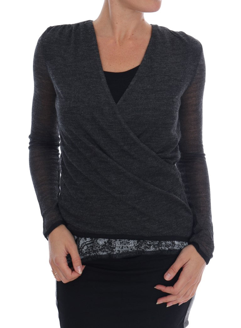 Ermanno Scervino Grey Wool Lace Top Long Sleeve T-Shirt