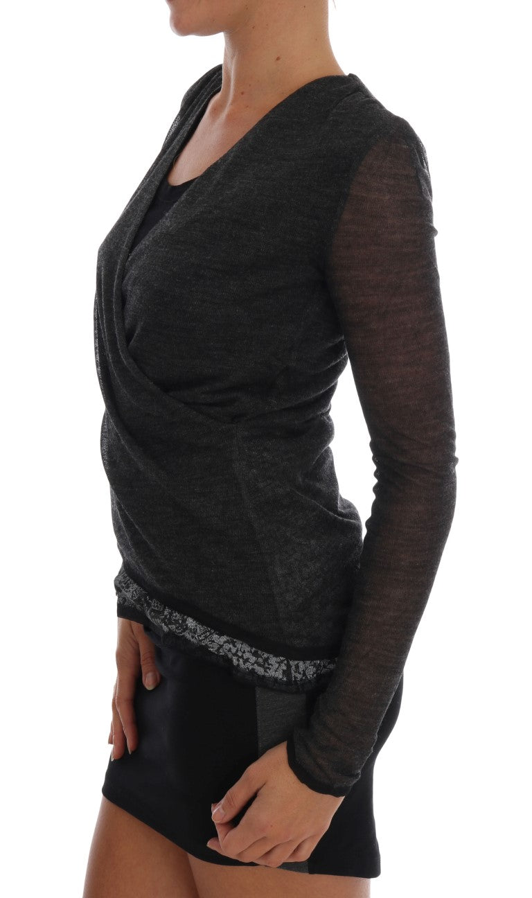 Ermanno Scervino Grey Wool Lace Top Long Sleeve T-Shirt