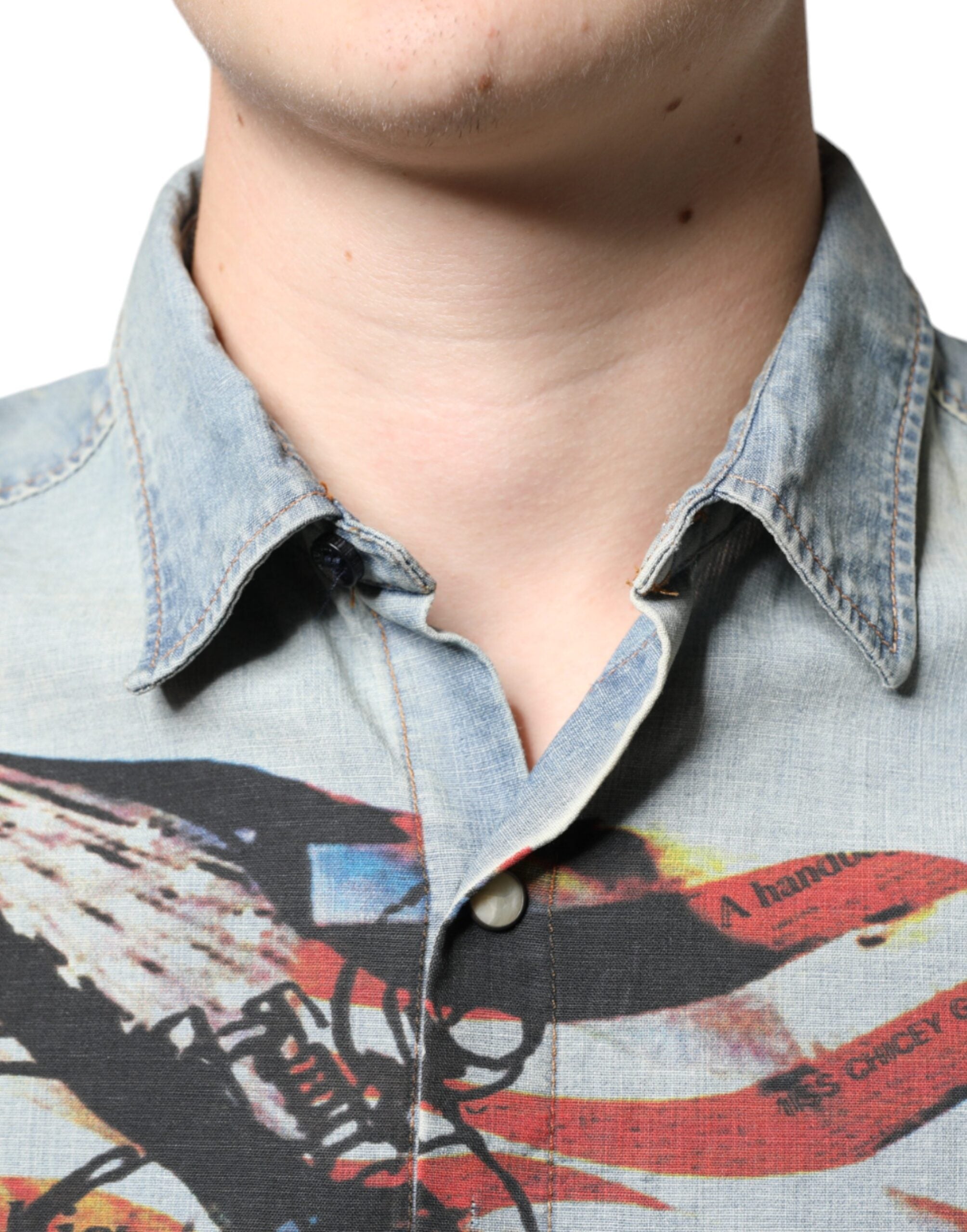 John Galliano Hellblaues bedrucktes Baumwoll-Denim-Hemd mit langen Ärmeln