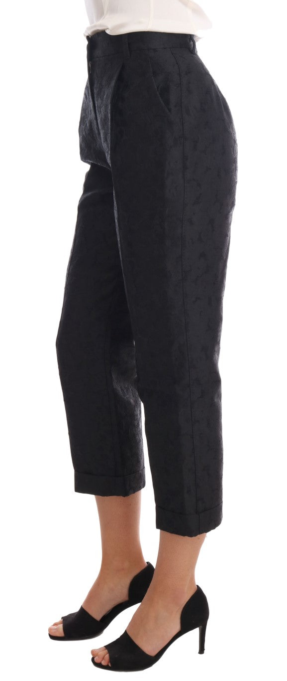 Dolce & Gabbana Schwarze Caprihose aus Brokat mit Blumenmuster
