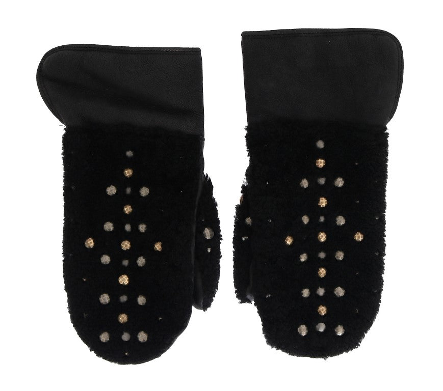 Dolce &amp; Gabbana Black Leather Shearling Gloves with Studs