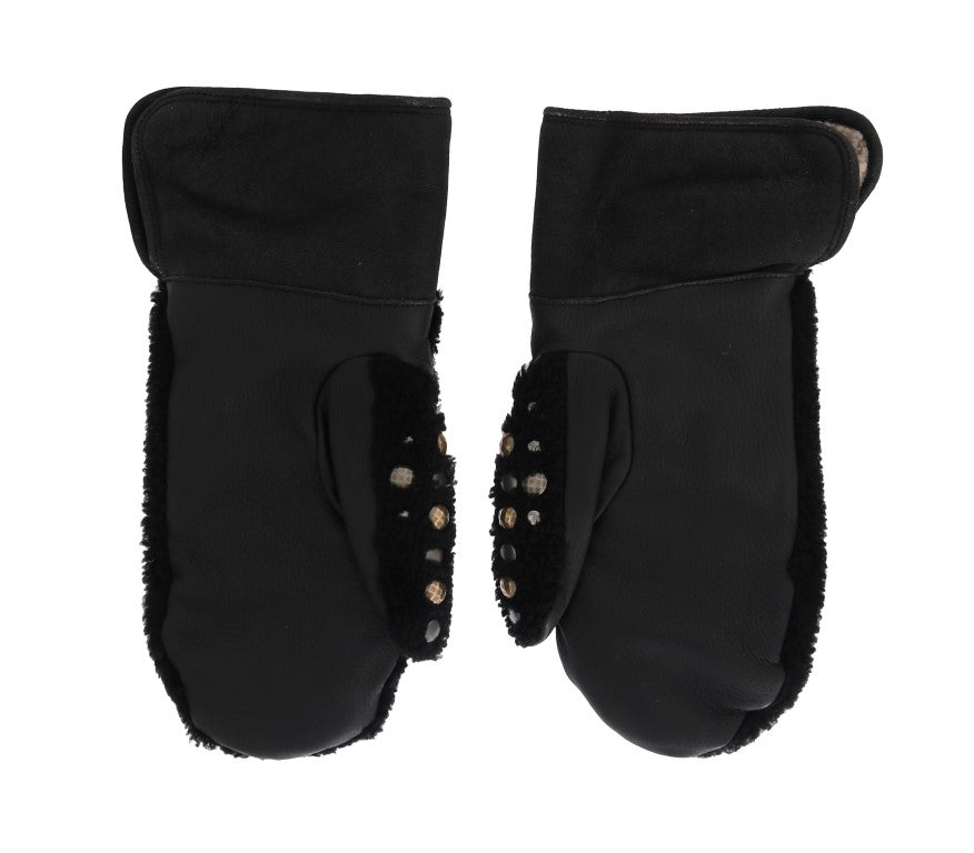 Dolce &amp; Gabbana Black Leather Shearling Gloves with Studs