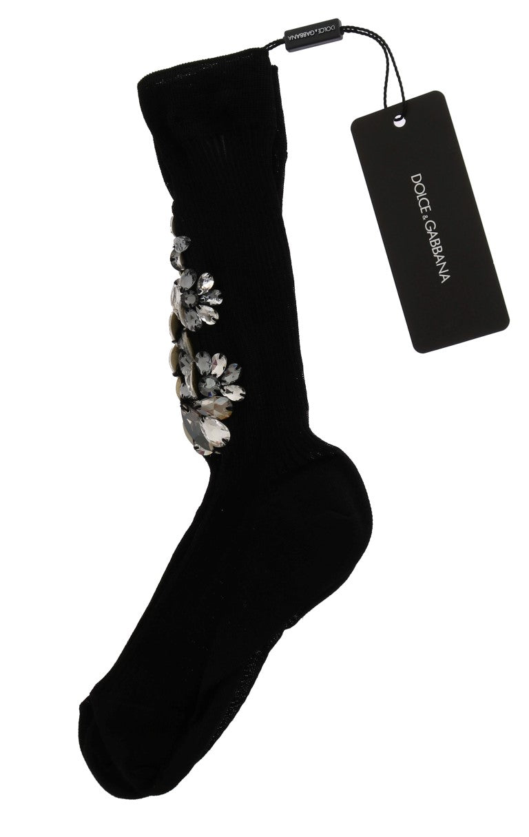 Dolce &amp; Gabbana Black Knitted Floral Clear Crystal Socks