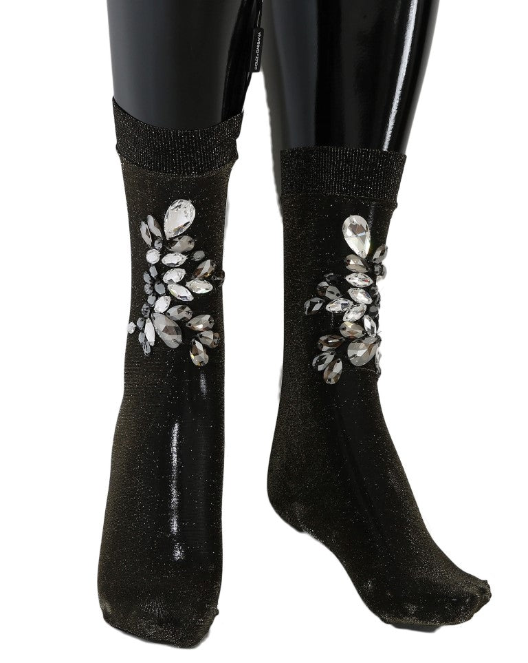 Dolce &amp; Gabbana Black Stretch Floral Socks with Clear Crystal