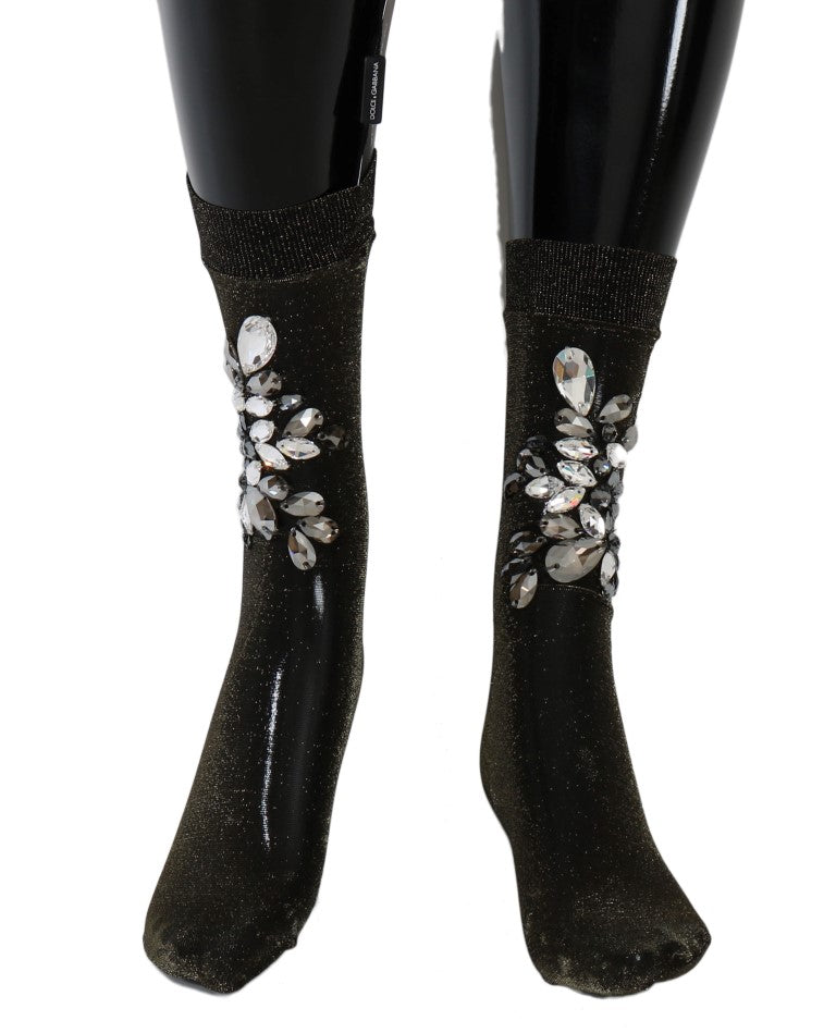 Dolce &amp; Gabbana Black Stretch Floral Socks with Clear Crystal