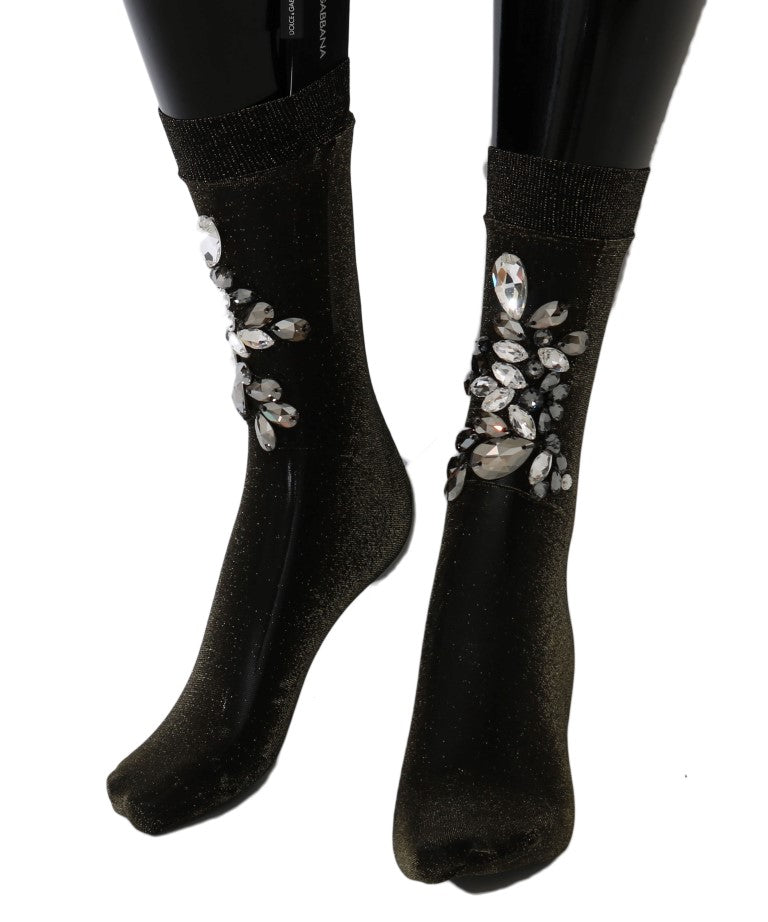 Dolce &amp; Gabbana Black Stretch Floral Socks with Clear Crystal