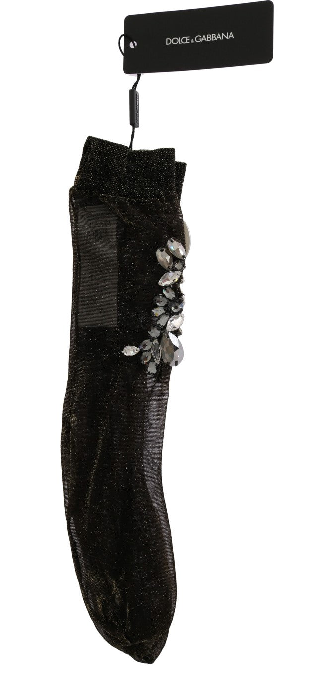Dolce &amp; Gabbana Black Stretch Floral Socks with Clear Crystal