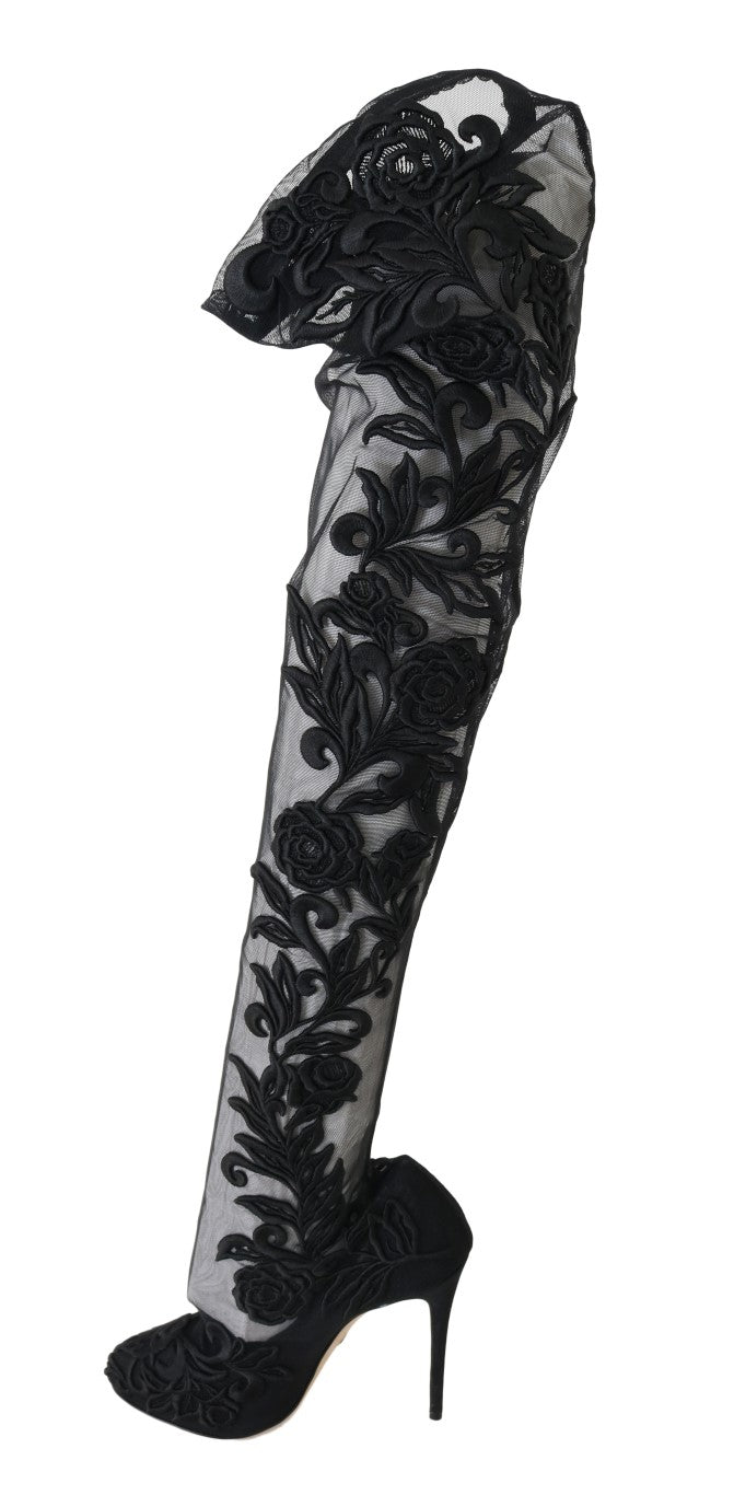 Dolce &amp; Gabbana Black floral embroidered socks boots
