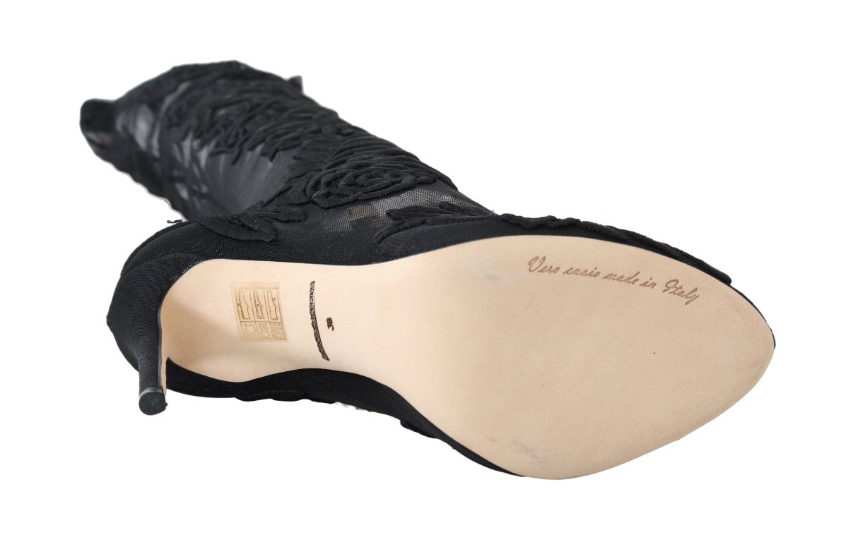 Dolce &amp; Gabbana Black floral embroidered socks boots