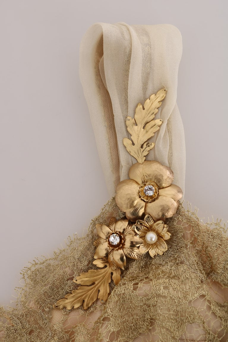 Dolce & Gabbana Goldfarbenes, kristallverziertes Seidenkleid