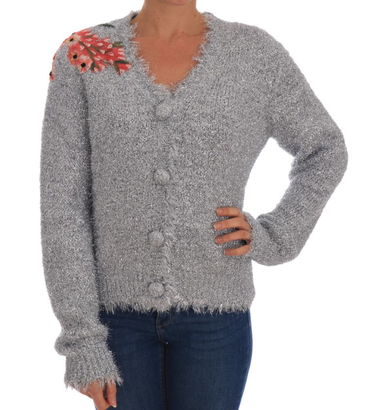 Dolce &amp; Gabbana Silver Cardigan with Floral Applique Sweater