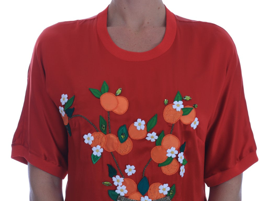 Dolce &amp; Gabbana red silk blouse with orange blossoms and crystal