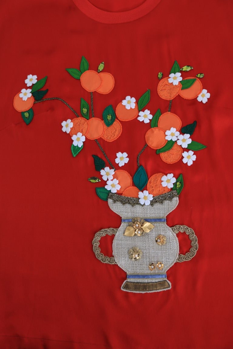 Dolce &amp; Gabbana red silk blouse with orange blossoms and crystal
