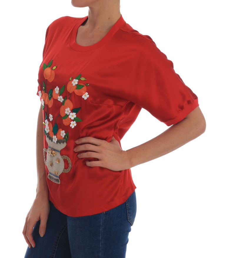 Dolce &amp; Gabbana red silk blouse with orange blossoms and crystal